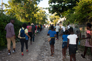 People walking through the village